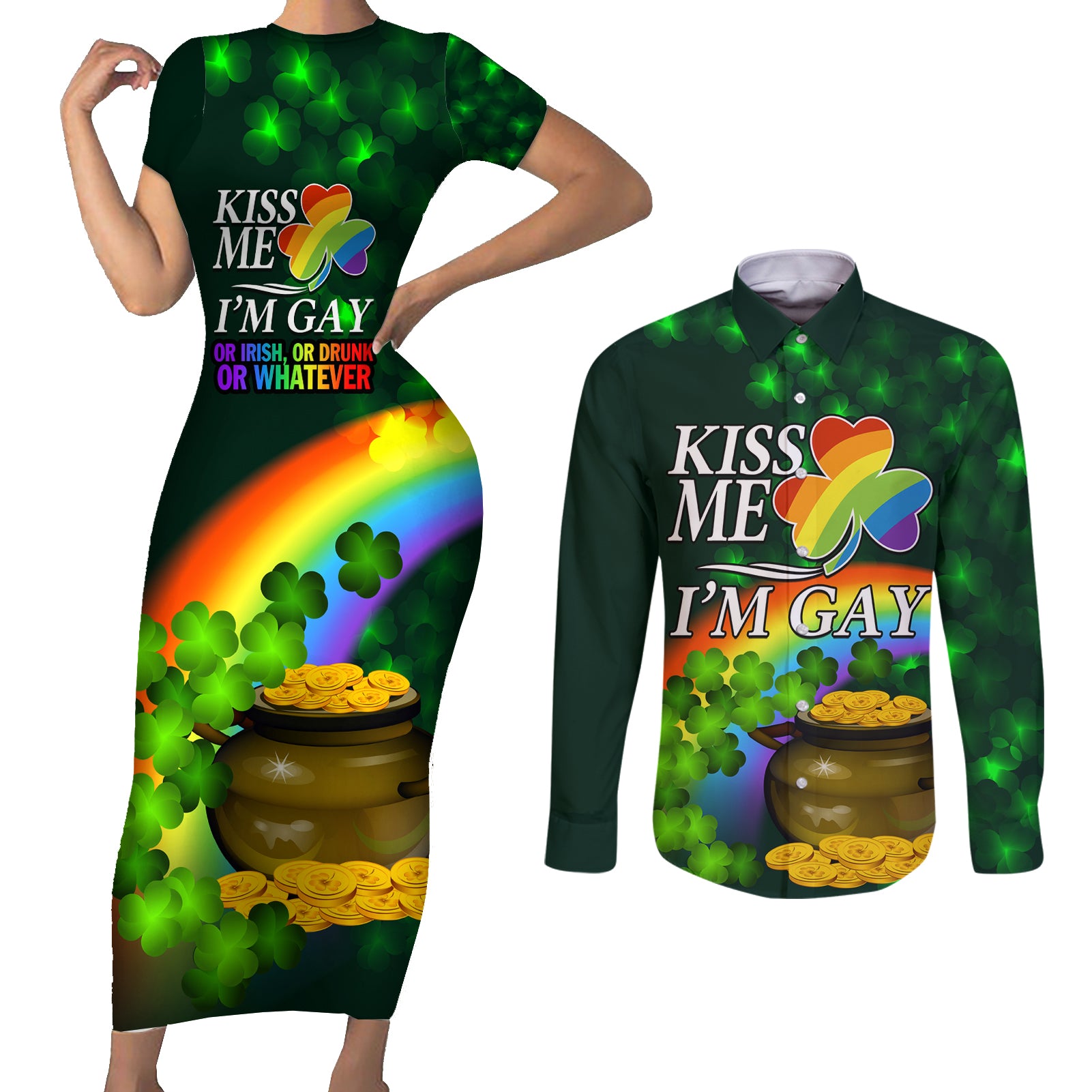 Kiss Me I'm Gay St Patricks Day Couples Matching Short Sleeve Bodycon Dress and Long Sleeve Button Shirt LT9 - Wonder Print Shop