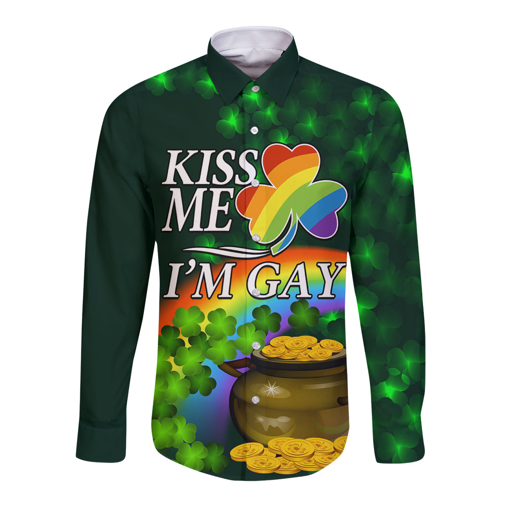 Green long-sleeve button shirt with 'KISS ME I'M GAY' graphic and rainbow clover pot