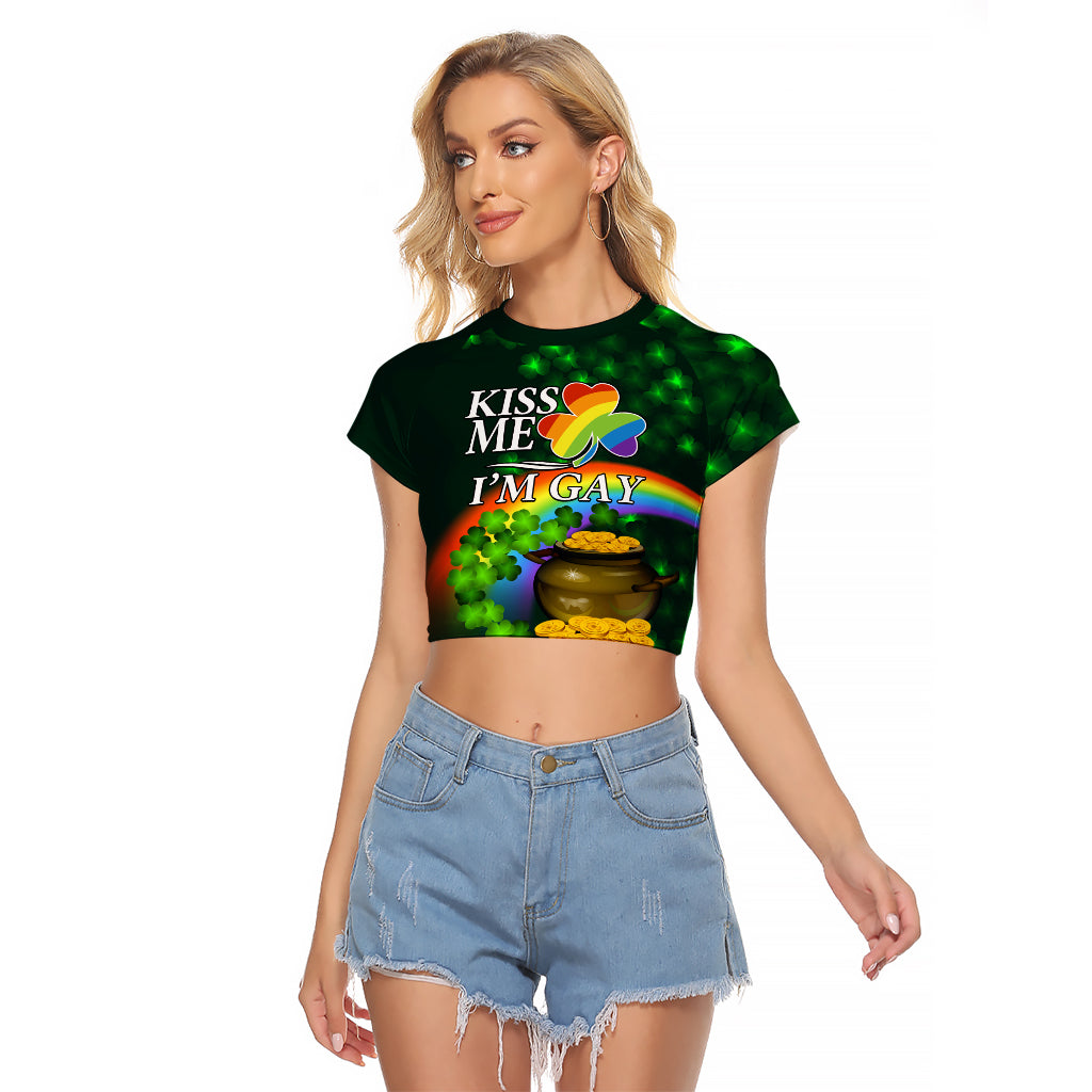 Kiss Me I'm Gay St Patricks Day Raglan Cropped T Shirt - Wonder Print Shop