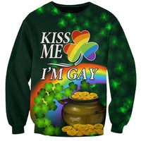 Dark green unisex sweatshirt with shamrock graphic and 'KISS ME I'M GAY' text