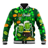 Green unisex baseball jacket with striped collar, front beer mugs and 'Be Irish' graphic