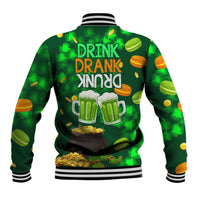 Green unisex baseball jacket with striped hem and back 'DRINK DRANK DRUNK' beer graphic