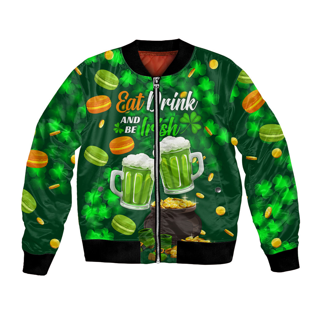 Green unisex bomber jacket with beer and clover graphic, front zip.
