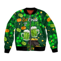 Green unisex bomber jacket with beer and clover graphic, front zip.