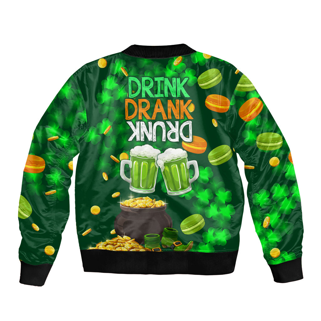 Green unisex bomber jacket with back beer mugs and confetti design, ribbed hem.