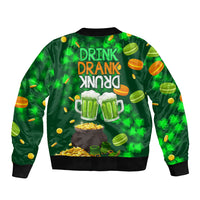 Green unisex bomber jacket with back beer mugs and confetti design, ribbed hem.