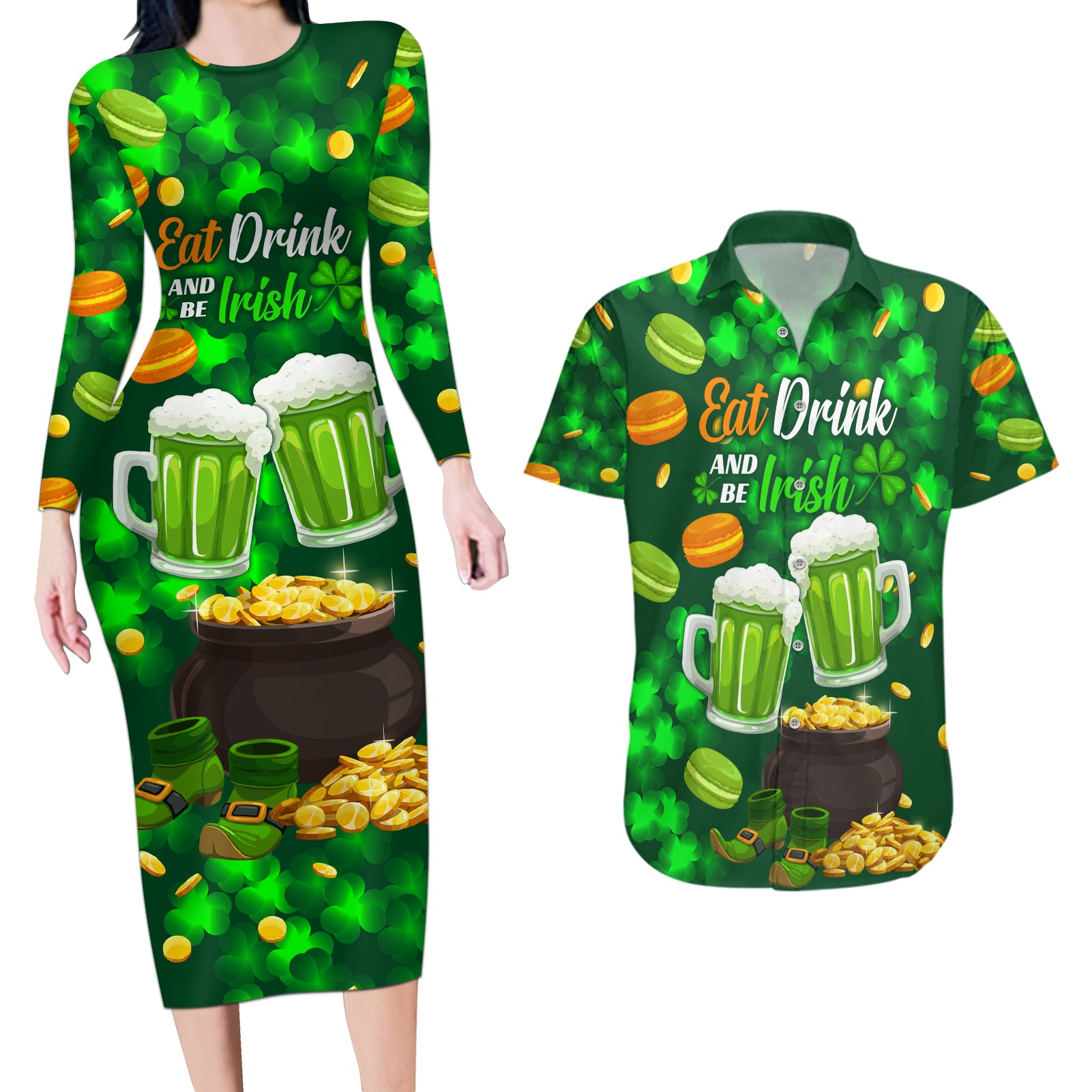 Be Irish St Patricks Day Couples Matching Long Sleeve Bodycon Dress and Hawaiian Shirt Drink Drank Drunk LT9 - Wonder Print Shop