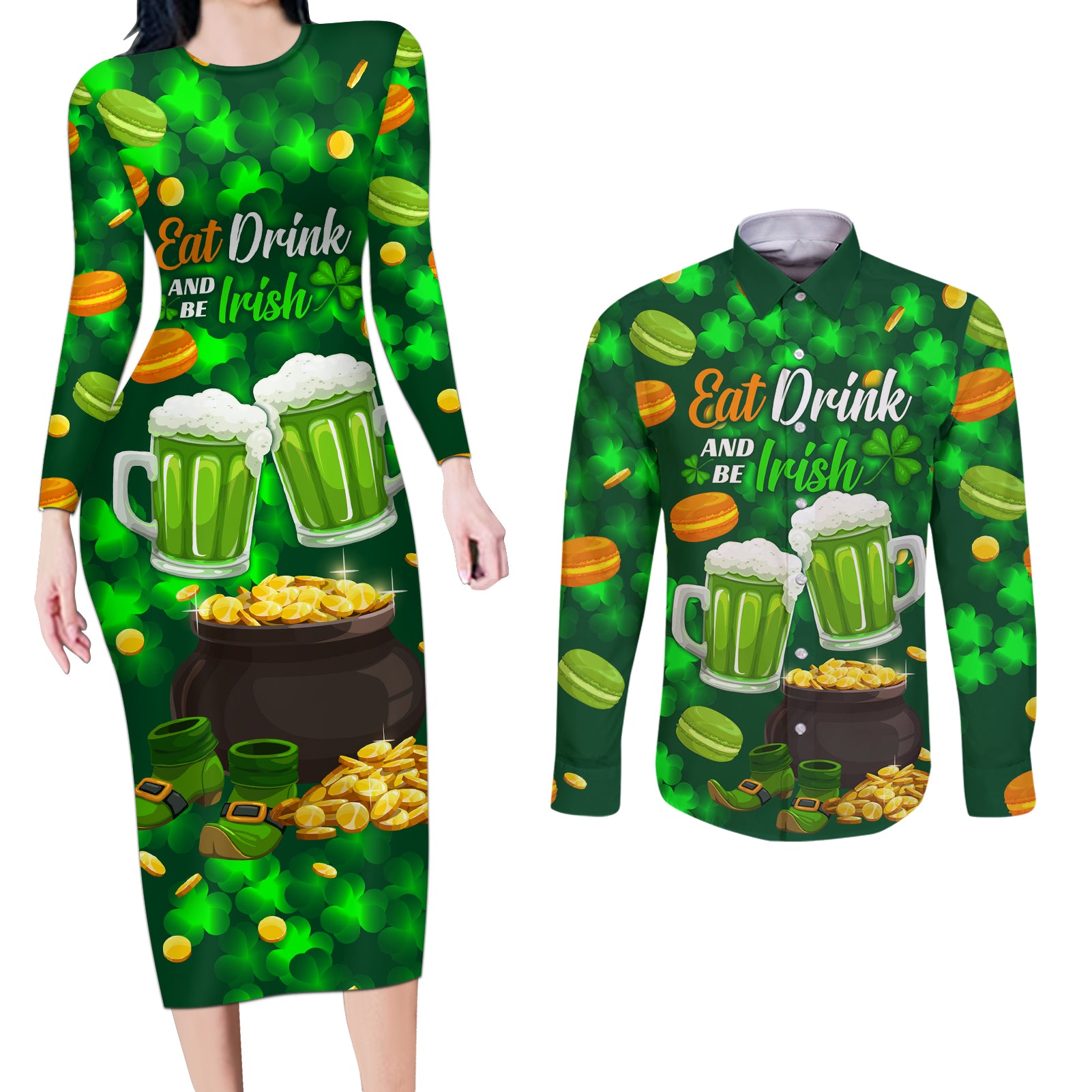 Be Irish St Patricks Day Couples Matching Long Sleeve Bodycon Dress and Long Sleeve Button Shirt Drink Drank Drunk LT9 - Wonder Print Shop