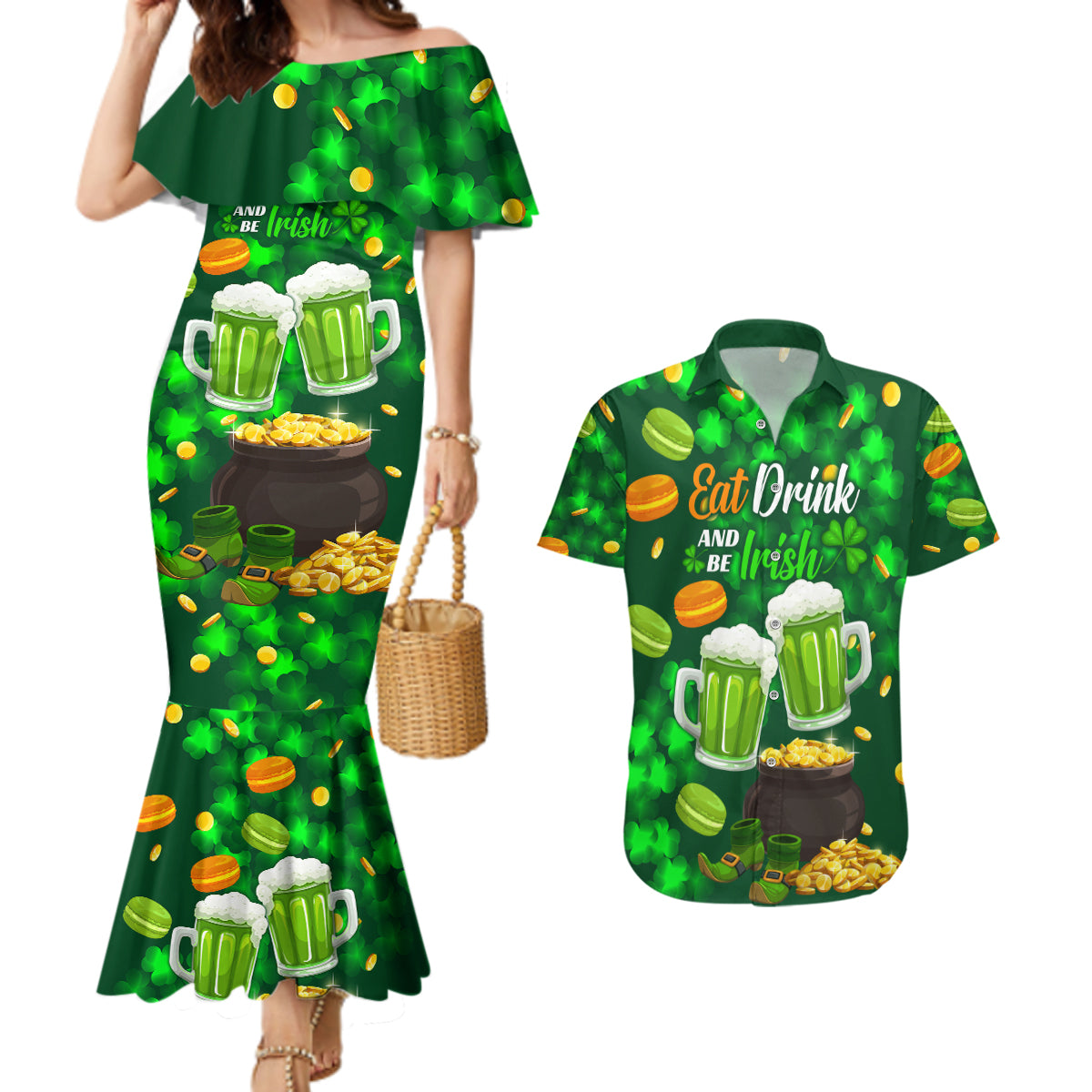 Be Irish St Patricks Day Couples Matching Mermaid Dress and Hawaiian Shirt Drink Drank Drunk LT9 - Wonder Print Shop