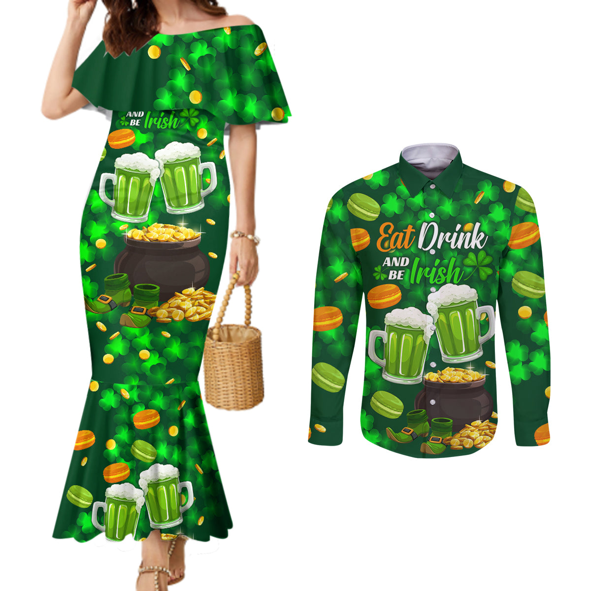 Be Irish St Patricks Day Couples Matching Mermaid Dress and Long Sleeve Button Shirt Drink Drank Drunk