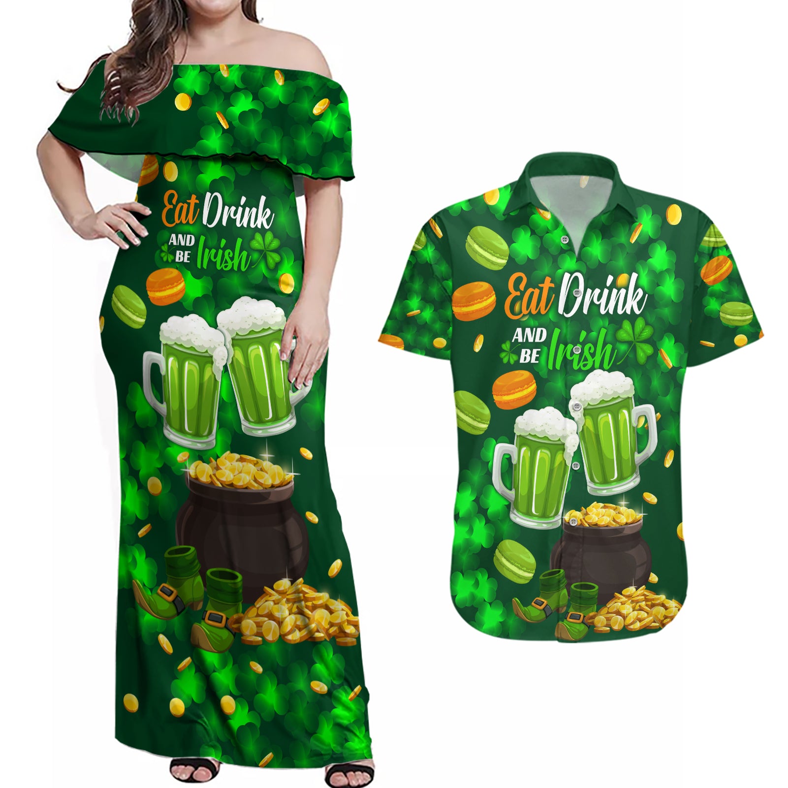 Be Irish St Patricks Day Couples Matching Off Shoulder Maxi Dress and Hawaiian Shirt Drink Drank Drunk LT9 - Wonder Print Shop