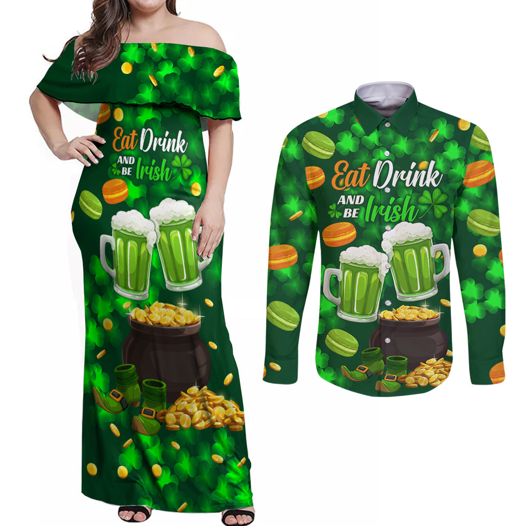 Be Irish St Patricks Day Couples Matching Off Shoulder Maxi Dress and Long Sleeve Button Shirt Drink Drank Drunk LT9 - Wonder Print Shop