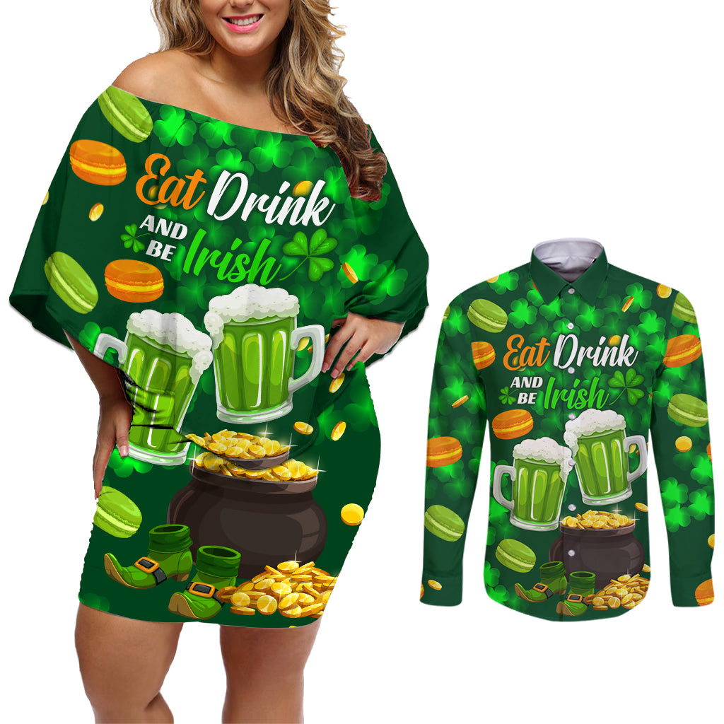 Be Irish St Patricks Day Couples Matching Off Shoulder Short Dress and Long Sleeve Button Shirt Drink Drank Drunk LT9 - Wonder Print Shop