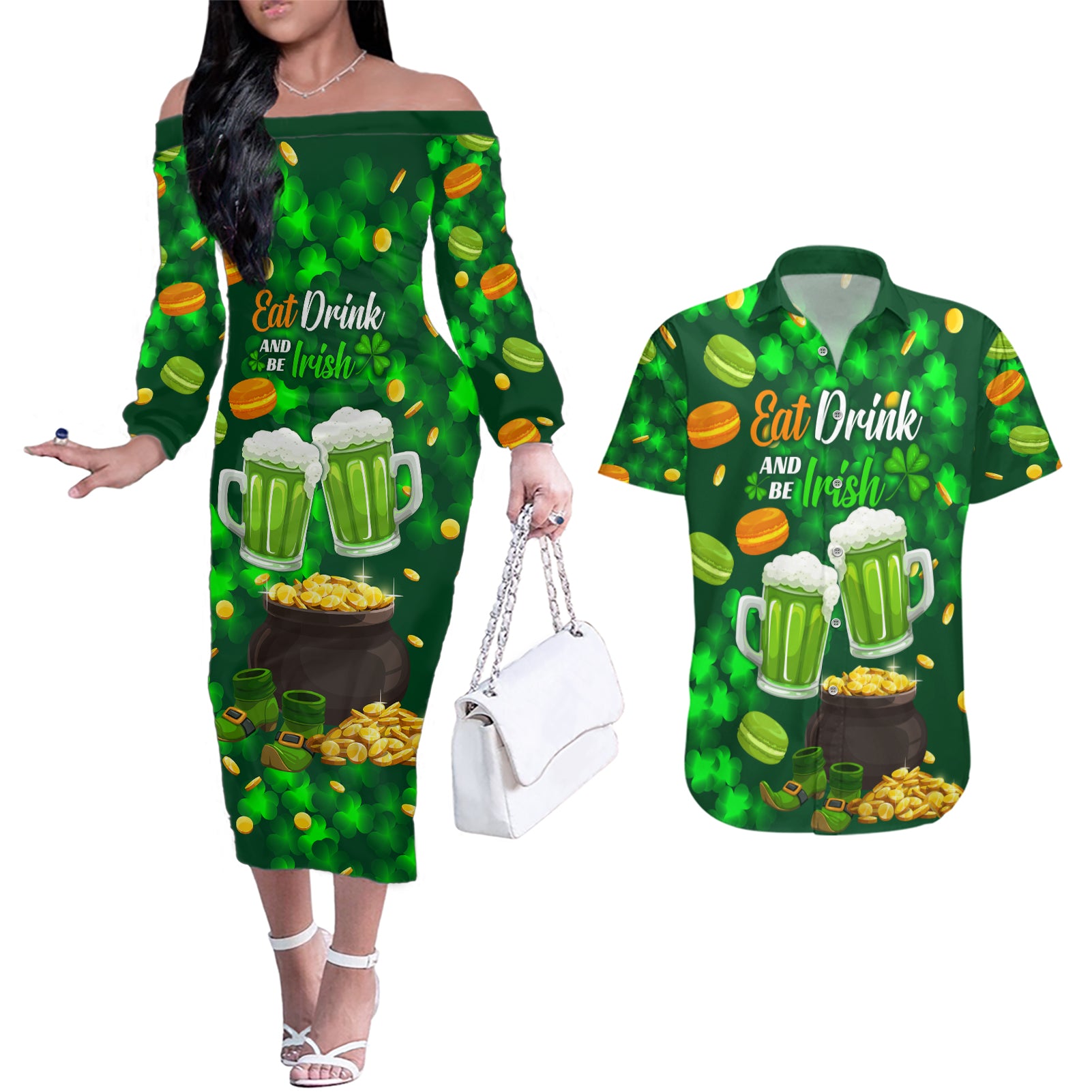 Be Irish St Patricks Day Couples Matching Off The Shoulder Long Sleeve Dress and Hawaiian Shirt Drink Drank Drunk LT9 - Wonder Print Shop