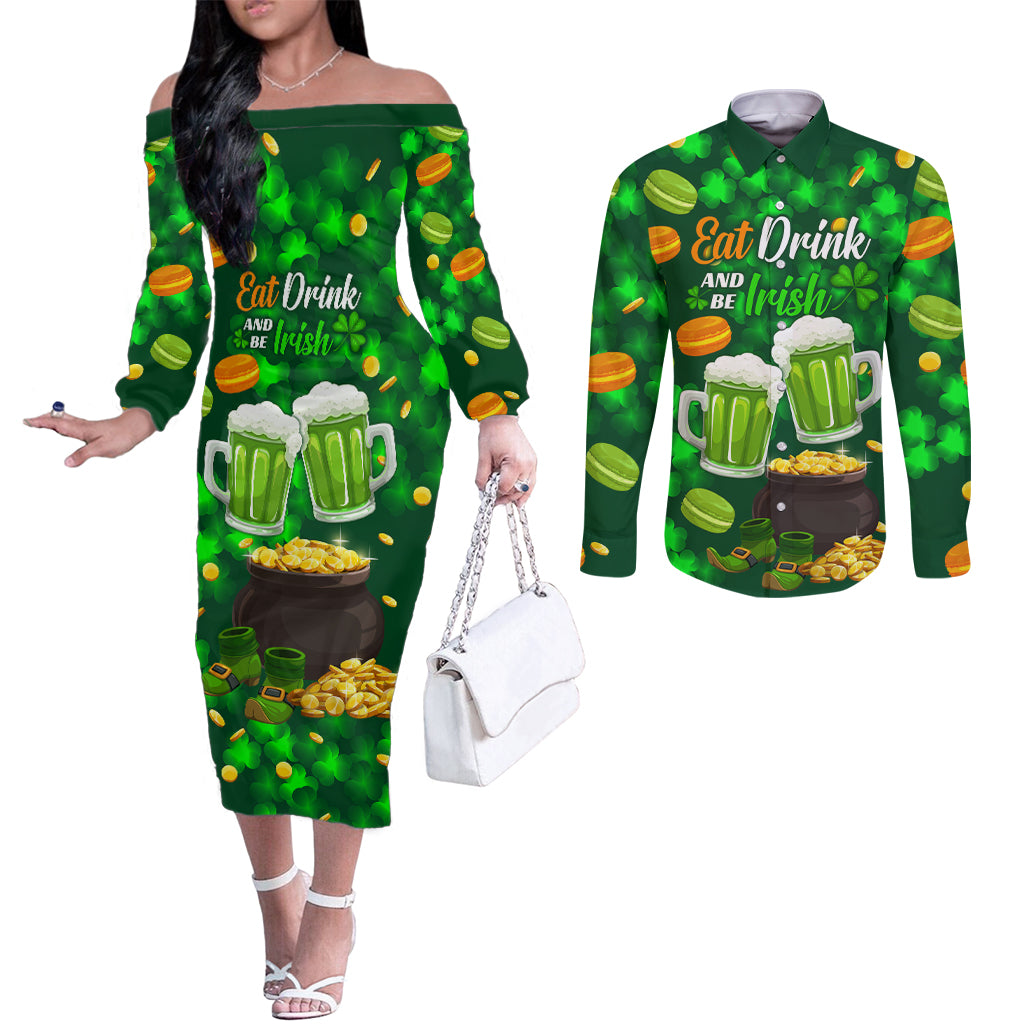 Be Irish St Patricks Day Couples Matching Off The Shoulder Long Sleeve Dress and Long Sleeve Button Shirt Drink Drank Drunk