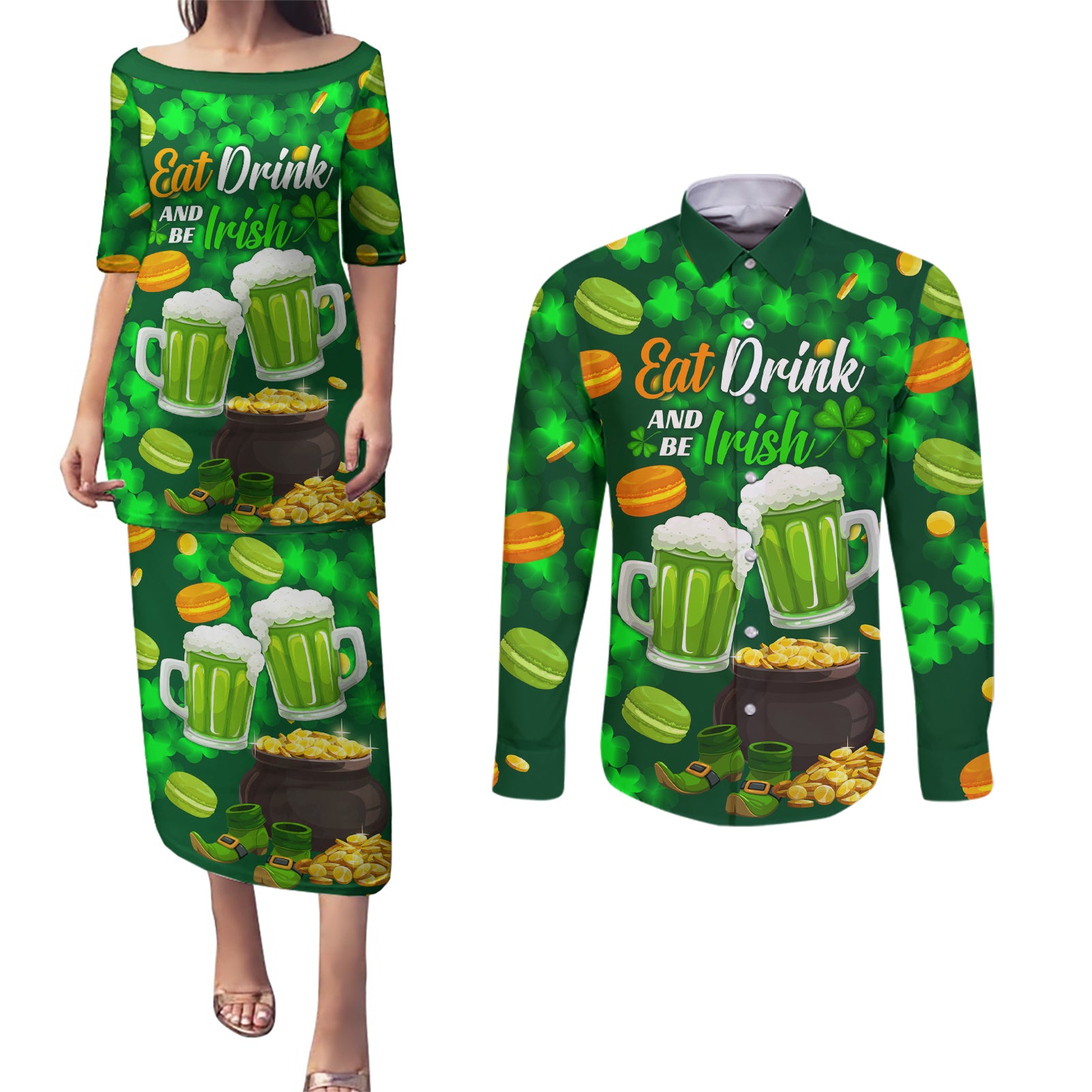 Be Irish St Patricks Day Couples Matching Puletasi and Long Sleeve Button Shirt Drink Drank Drunk LT9 - Wonder Print Shop