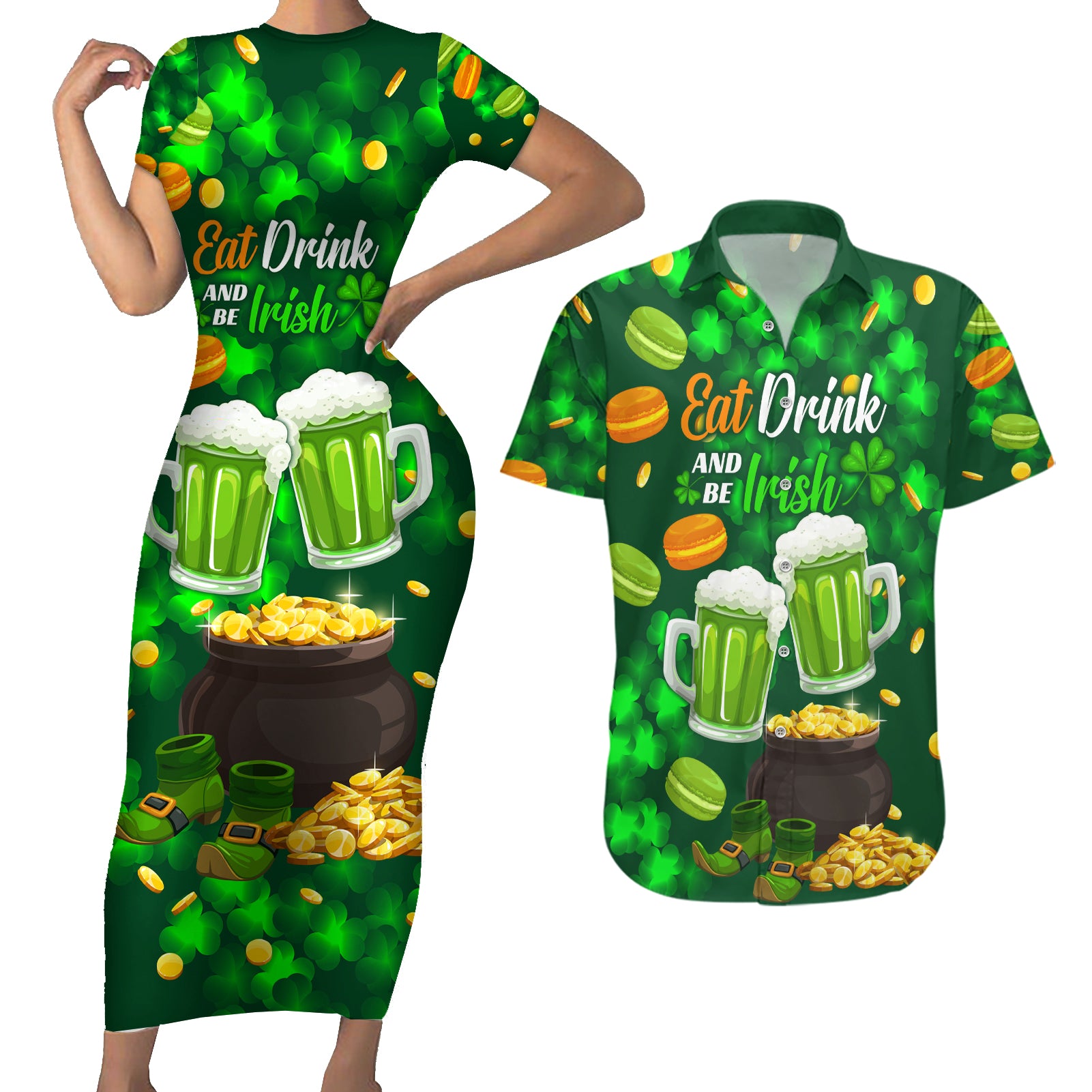 Be Irish St Patricks Day Couples Matching Short Sleeve Bodycon Dress and Hawaiian Shirt Drink Drank Drunk LT9 - Wonder Print Shop