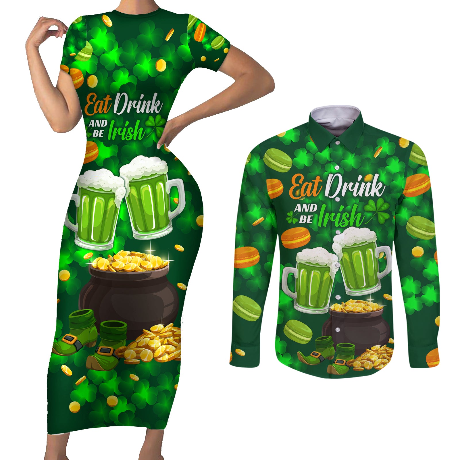 Be Irish St Patricks Day Couples Matching Short Sleeve Bodycon Dress and Long Sleeve Button Shirt Drink Drank Drunk LT9 - Wonder Print Shop