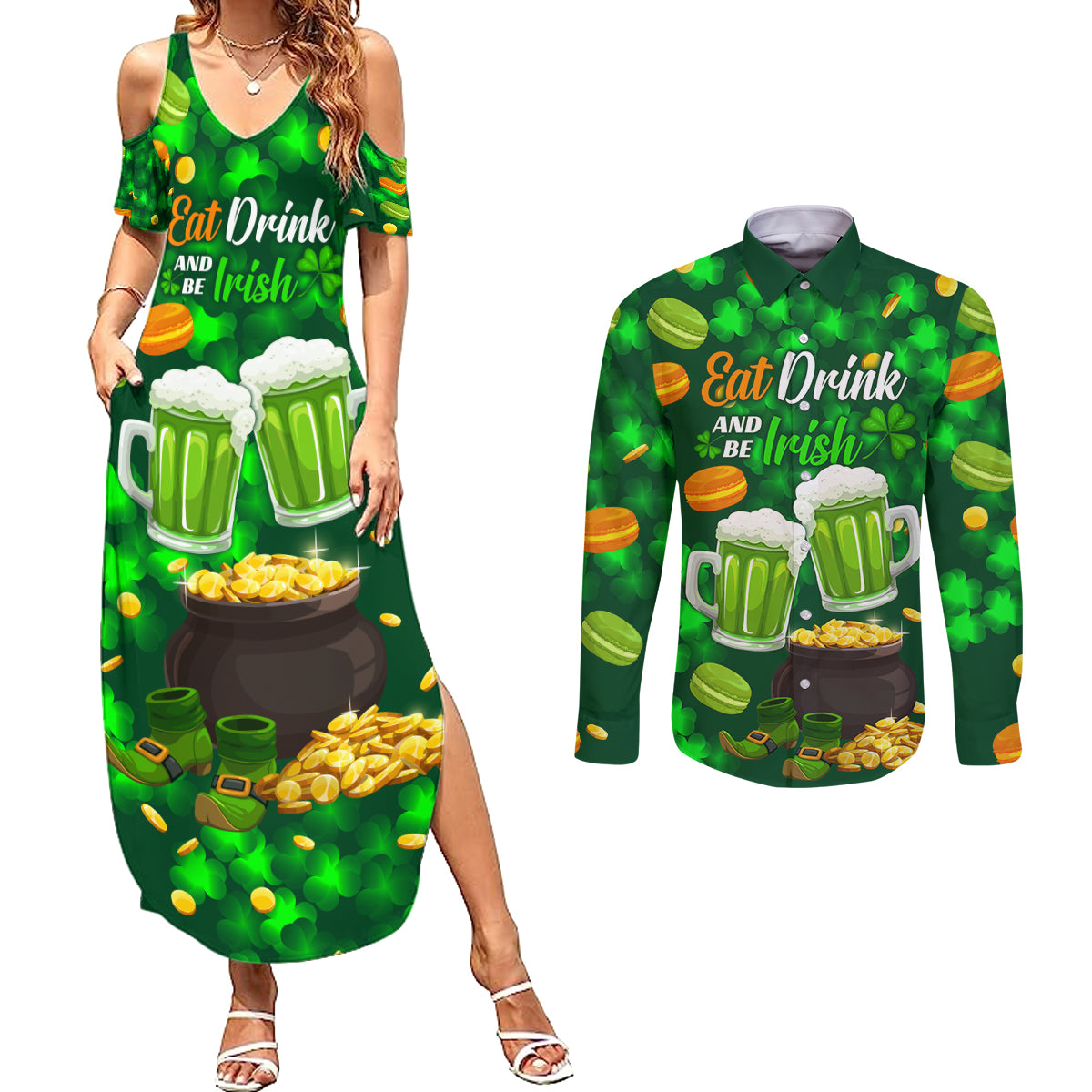 Be Irish St Patricks Day Couples Matching Summer Maxi Dress and Long Sleeve Button Shirt Drink Drank Drunk LT9 - Wonder Print Shop