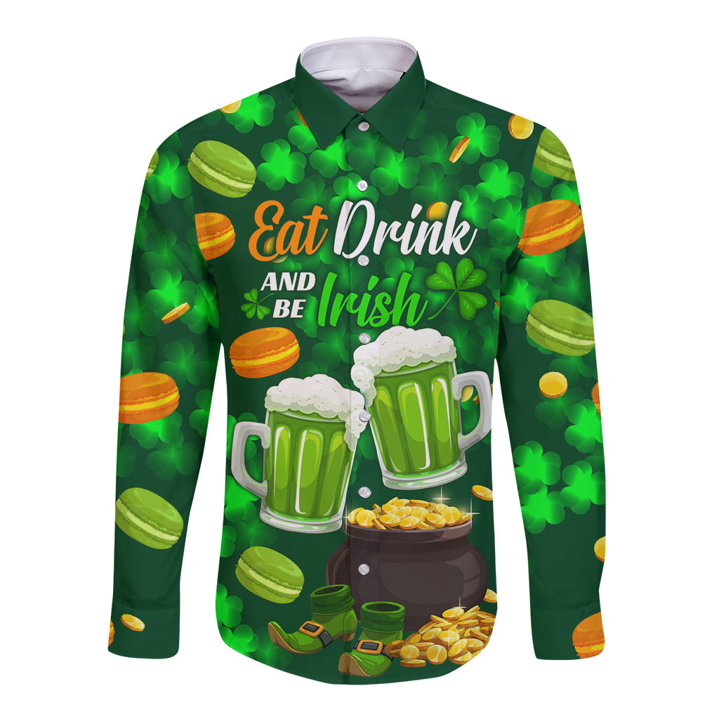 Green long-sleeve button shirt with 'Eat Drink and be Irish' beer mug graphic