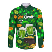 Green long-sleeve button shirt with 'Eat Drink and be Irish' beer mug graphic