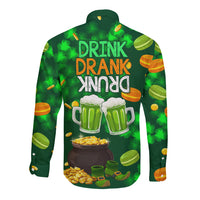 Green long-sleeve button shirt with back graphic text and two beer mugs