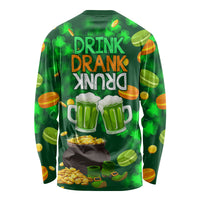 Green long-sleeve St. Patrick’s Day shirt with 'Drink Drank Drunk' beer and clover print