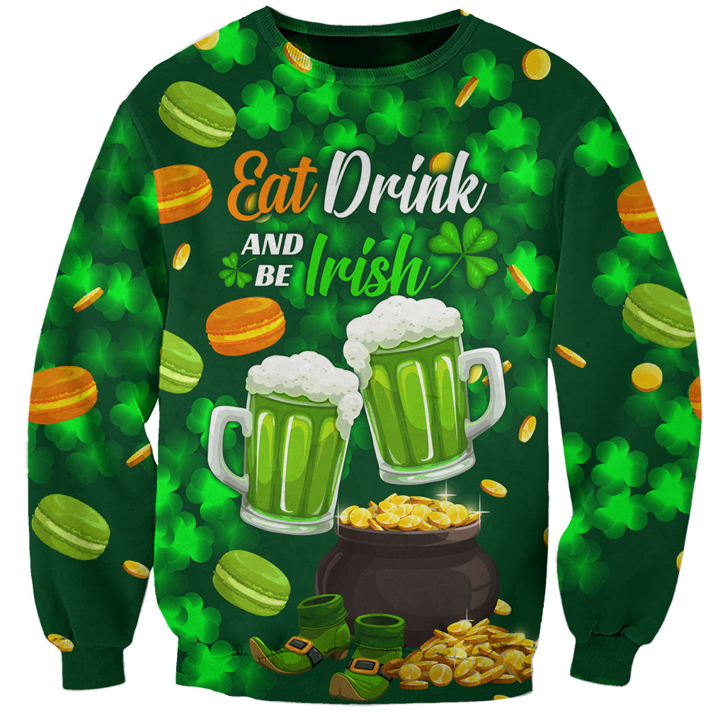 Green St. Patrick's Day sweatshirt with 'Eat Drink and Be Irish' beer mugs graphic