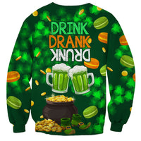 Green St. Patrick's Day sweatshirt with 'DRINK DRANK DRUNK' beer mugs graphic