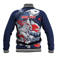 Personalized Football Japan Yatagarasu Baseball Jacket Blue Samurai Tsunami Wave Pattern