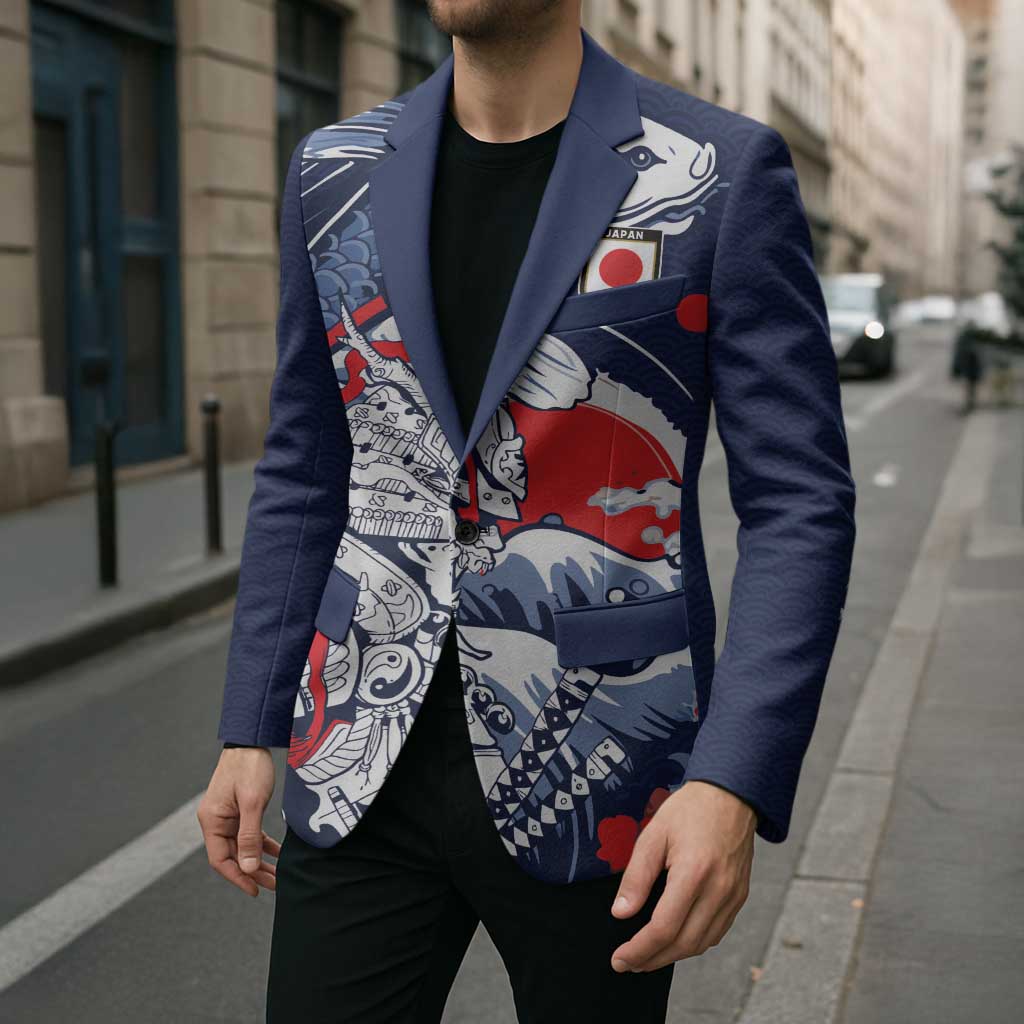 Personalized Football Japan Yatagarasu Blazer Blue Samurai Tsunami Wave Pattern