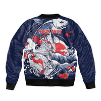 Personalized Football Japan Yatagarasu Bomber Jacket Blue Samurai Tsunami Wave Pattern