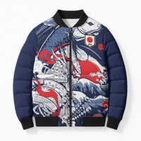 Personalized Football Japan Yatagarasu Bomber Puffer Jacket Blue Samurai Tsunami Wave Pattern