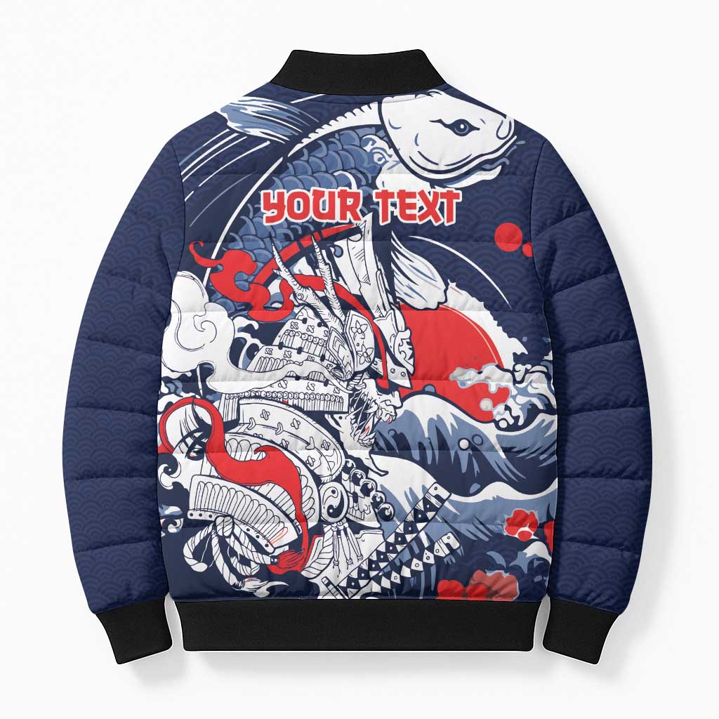 Personalized Football Japan Yatagarasu Bomber Puffer Jacket Blue Samurai Tsunami Wave Pattern