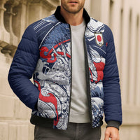 Personalized Football Japan Yatagarasu Bomber Puffer Jacket Blue Samurai Tsunami Wave Pattern