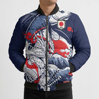 Personalized Football Japan Yatagarasu Bomber Puffer Jacket Blue Samurai Tsunami Wave Pattern