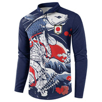 Personalized Football Japan Yatagarasu Button Sweatshirt Blue Samurai Tsunami Wave Pattern