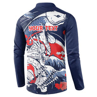 Personalized Football Japan Yatagarasu Button Sweatshirt Blue Samurai Tsunami Wave Pattern