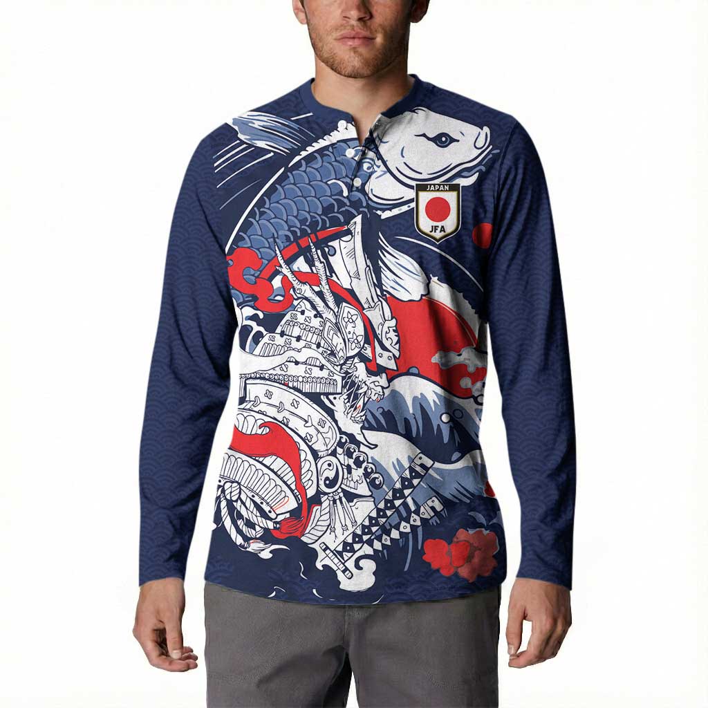Personalized Football Japan Yatagarasu Button Sweatshirt Blue Samurai Tsunami Wave Pattern