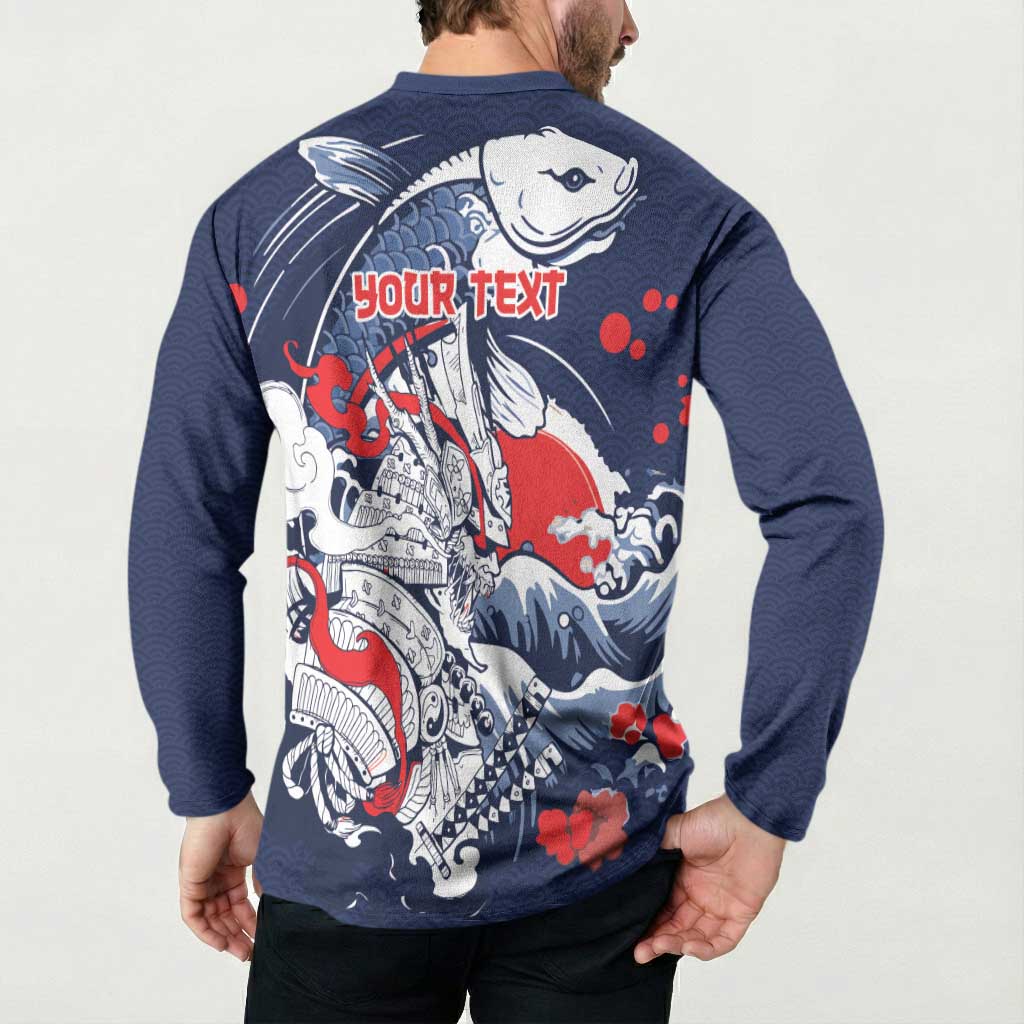 Personalized Football Japan Yatagarasu Button Sweatshirt Blue Samurai Tsunami Wave Pattern