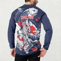 Personalized Football Japan Yatagarasu Button Sweatshirt Blue Samurai Tsunami Wave Pattern
