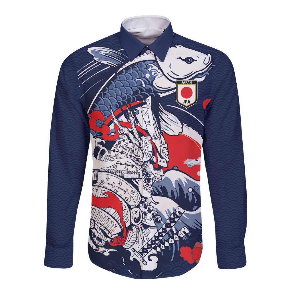 Personalized Football Japan Yatagarasu Long Sleeve Button Shirt Blue Samurai Tsunami Wave Pattern