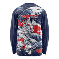 Personalized Football Japan Yatagarasu Long Sleeve Shirt Blue Samurai Tsunami Wave Pattern