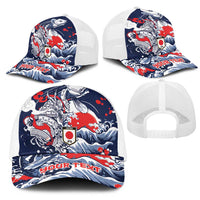 Personalized Football Japan Yatagarasu Mesh Trucker Cap Blue Samurai Tsunami Wave Pattern