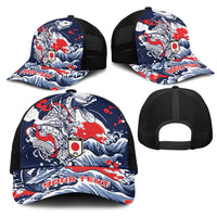 Personalized Football Japan Yatagarasu Mesh Trucker Cap Blue Samurai Tsunami Wave Pattern