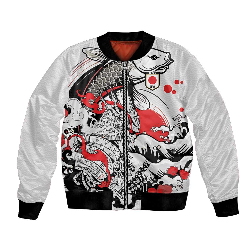 Personalized Football Japan Yatagarasu Bomber Jacket White Samurai Tsunami Wave Pattern