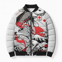 Personalized Football Japan Yatagarasu Bomber Puffer Jacket White Samurai Tsunami Wave Pattern