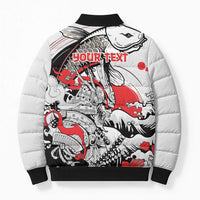 Personalized Football Japan Yatagarasu Bomber Puffer Jacket White Samurai Tsunami Wave Pattern