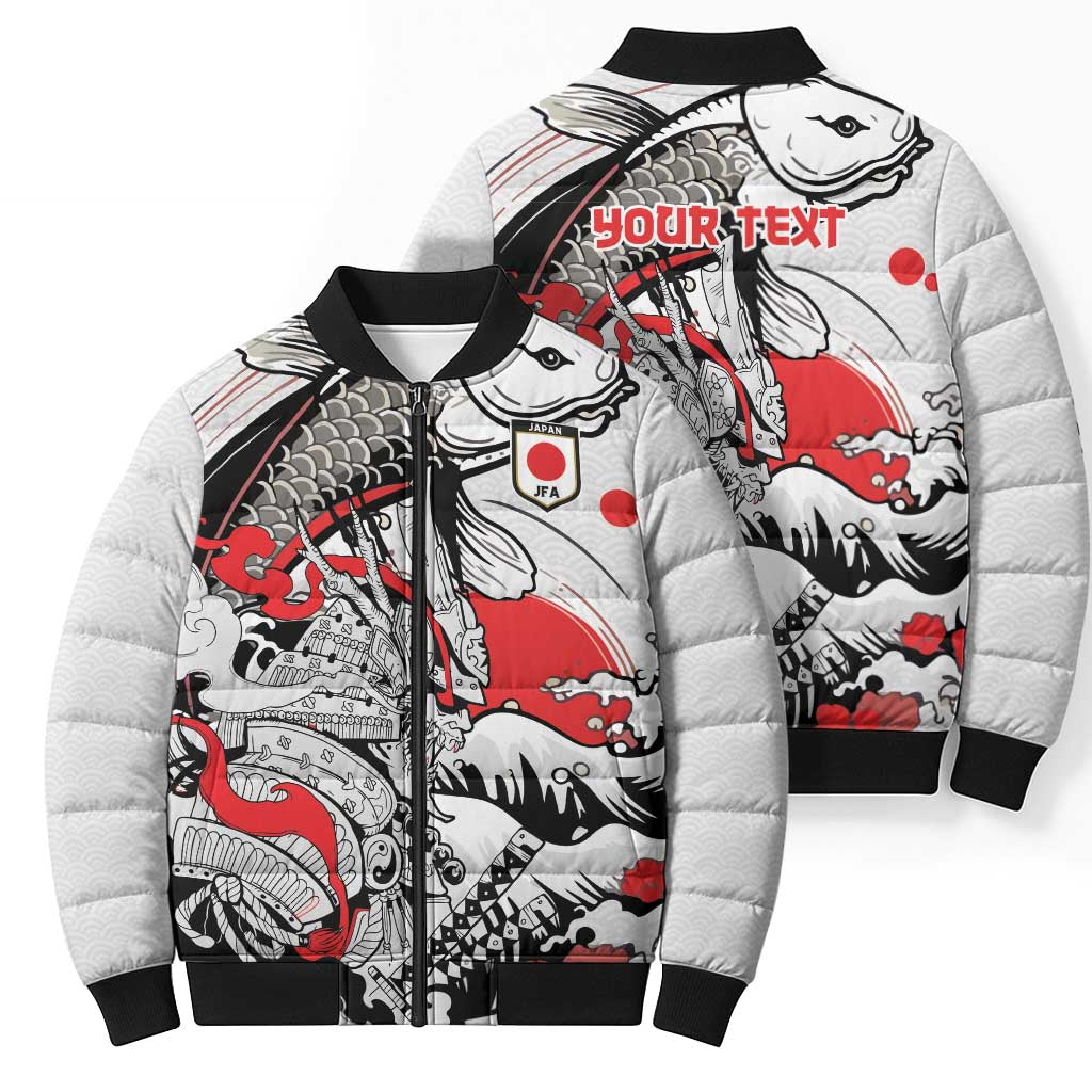 Personalized Football Japan Yatagarasu Bomber Puffer Jacket White Samurai Tsunami Wave Pattern
