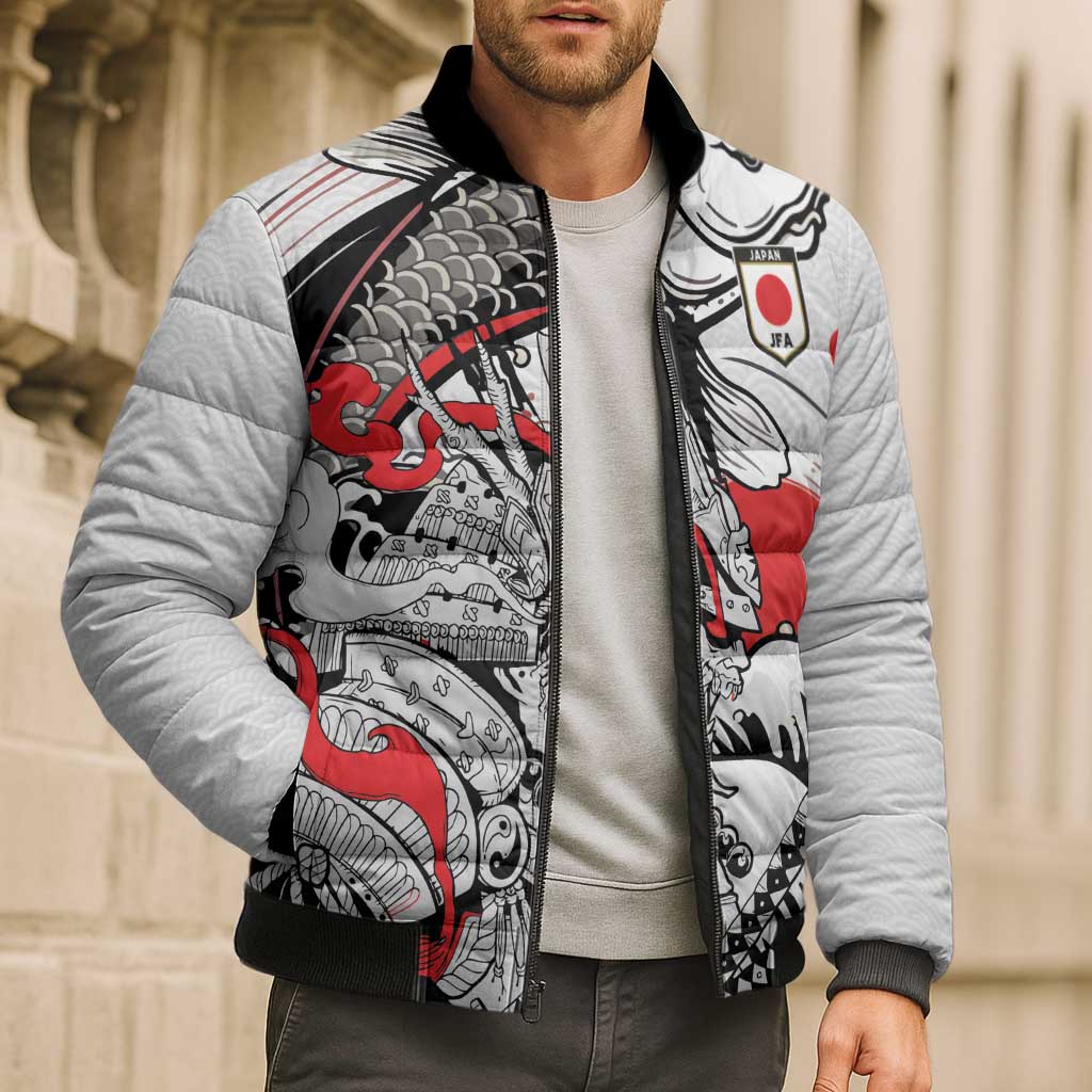 Personalized Football Japan Yatagarasu Bomber Puffer Jacket White Samurai Tsunami Wave Pattern